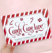 Load image into Gallery viewer, Traditional Candy Cane Lane Tin Sign
