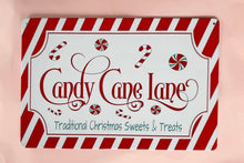 Load image into Gallery viewer, Traditional Candy Cane Lane Tin Sign
